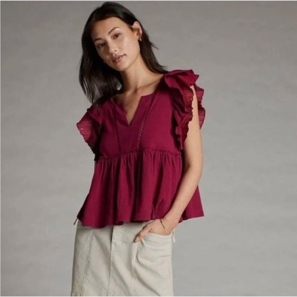 Anthropologie Caroline oversized ruffled babydoll top in burgundy size XL